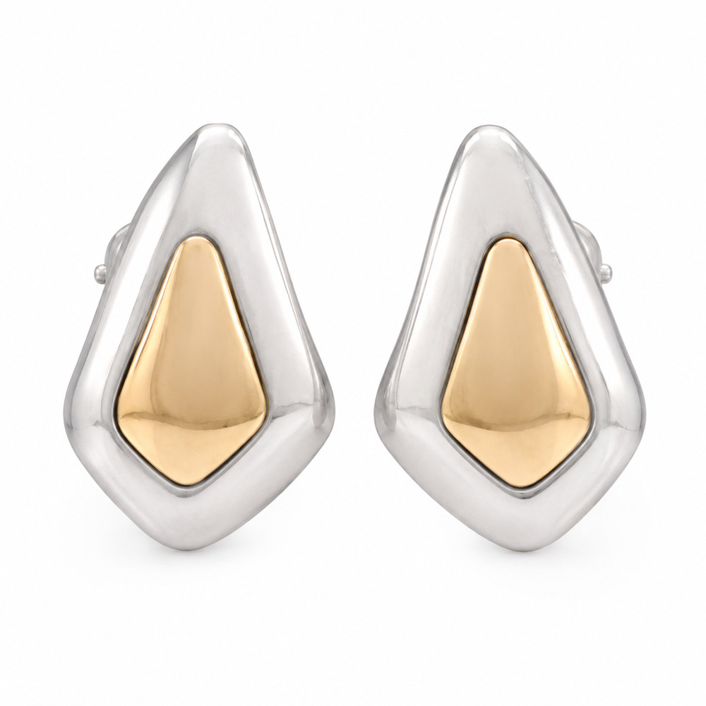 Vintage Two Tone Gold Filled Silver Clip Earrings Modernist Gallery Style Chic